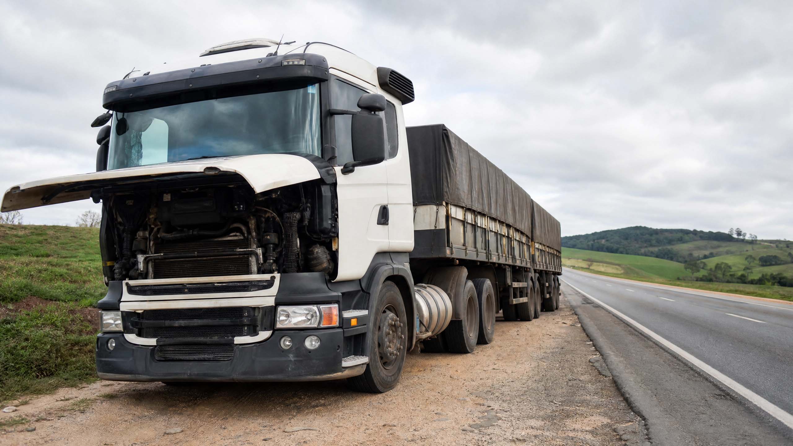 Caminhão parado no acostamento de rodovia aguardando atendimento