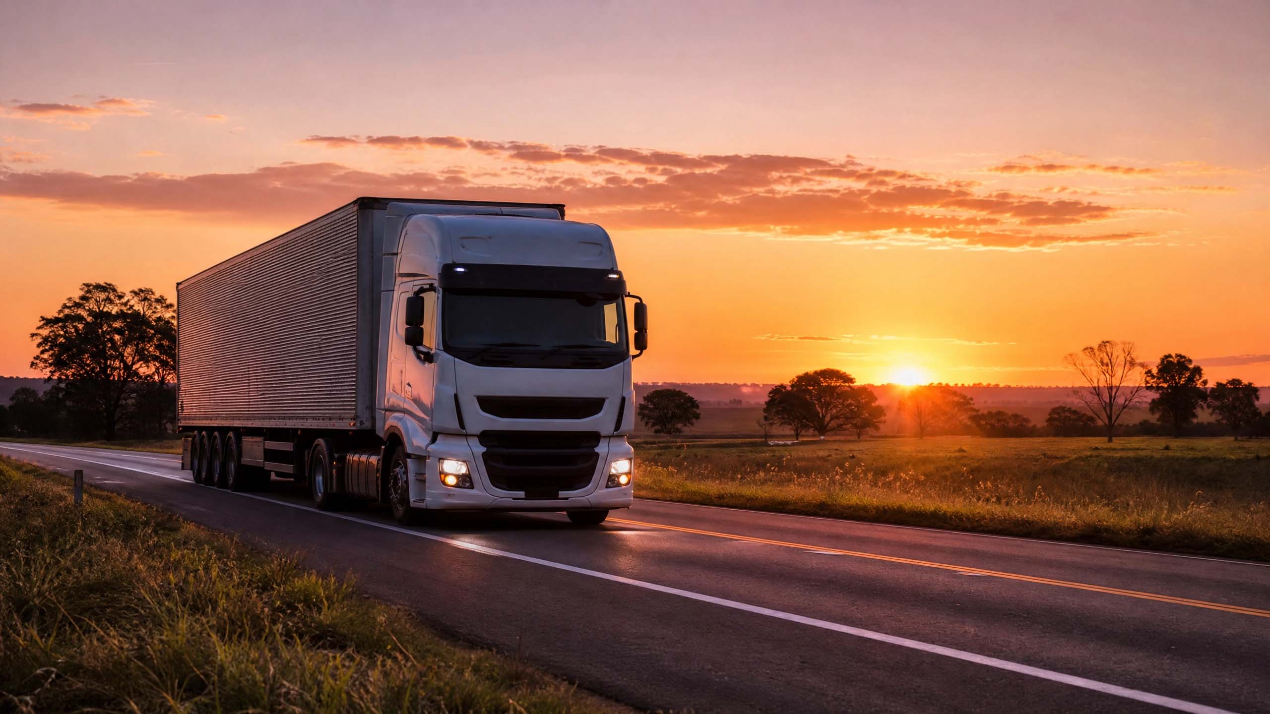 Caminhão de linha pesada em rodovia ao entardecer no interior de São Paulo