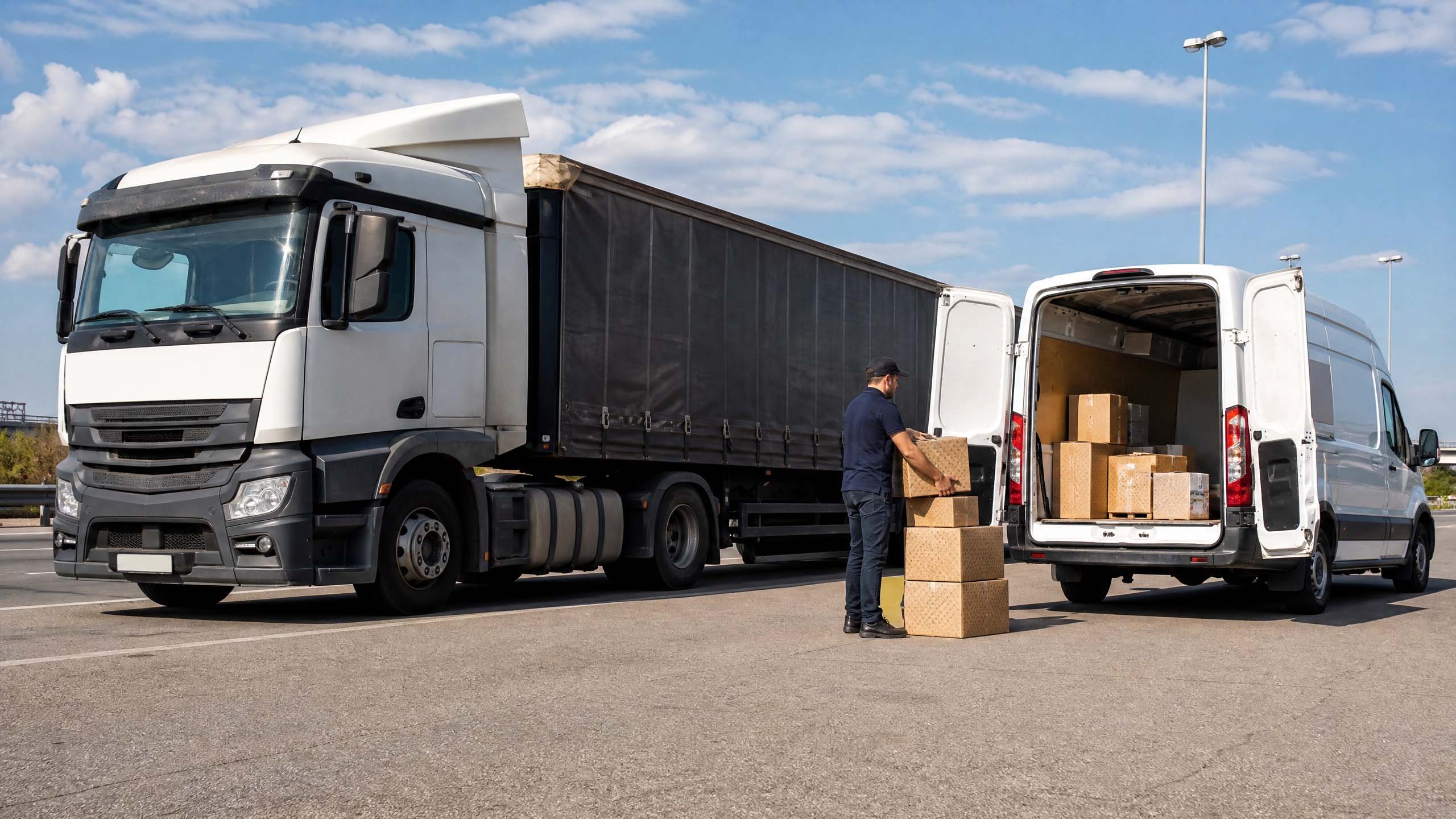 Entrega de peça automotiva sendo realizada para caminhão em rodovia