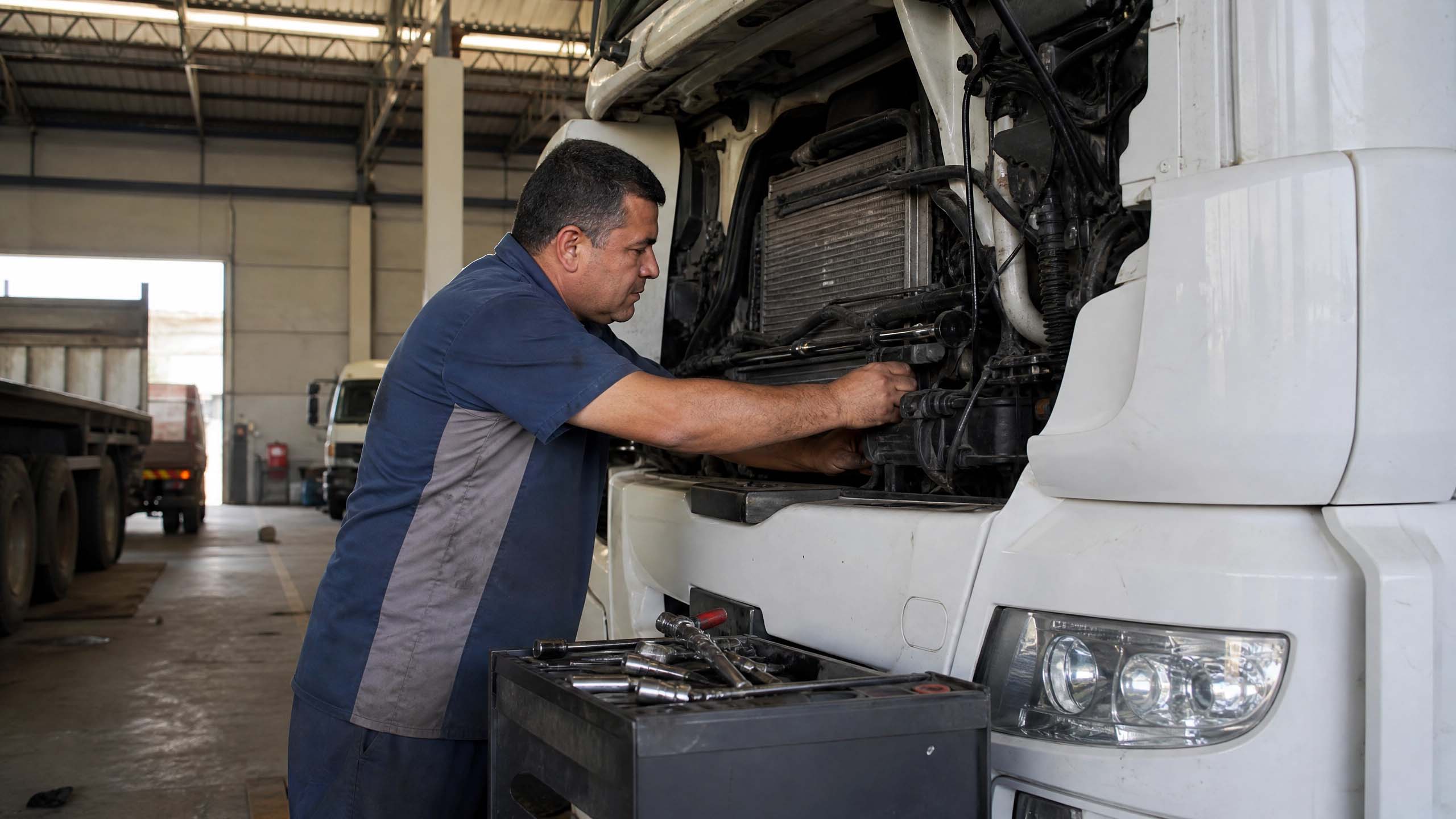 Mecânico realizando manutenção preventiva em caminhão Volvo em oficina