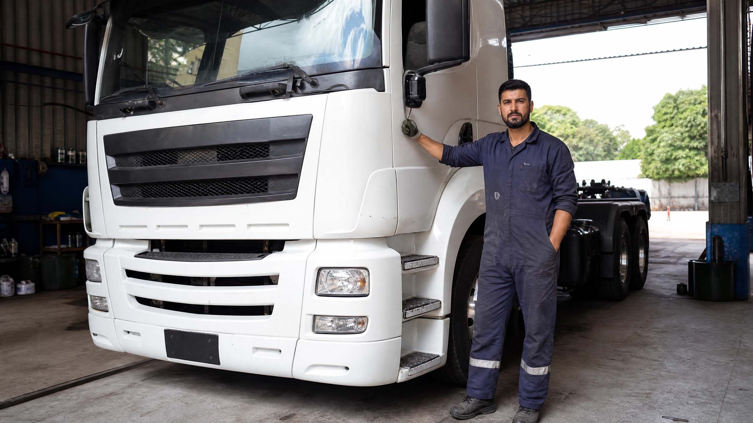 Caminhão Mercedes-Benz de linha pesada estacionado em pátio de manutenção