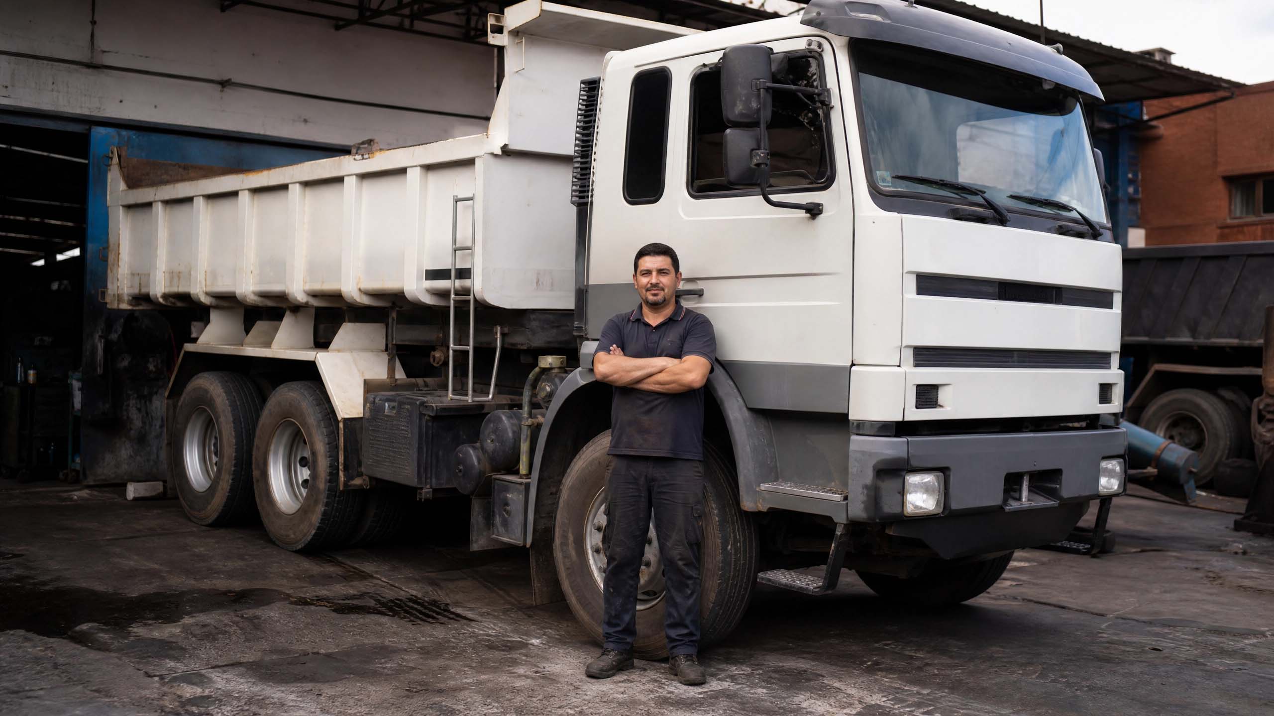 Caminhão Volvo de linha pesada em pátio de manutenção com mecânico ao lado