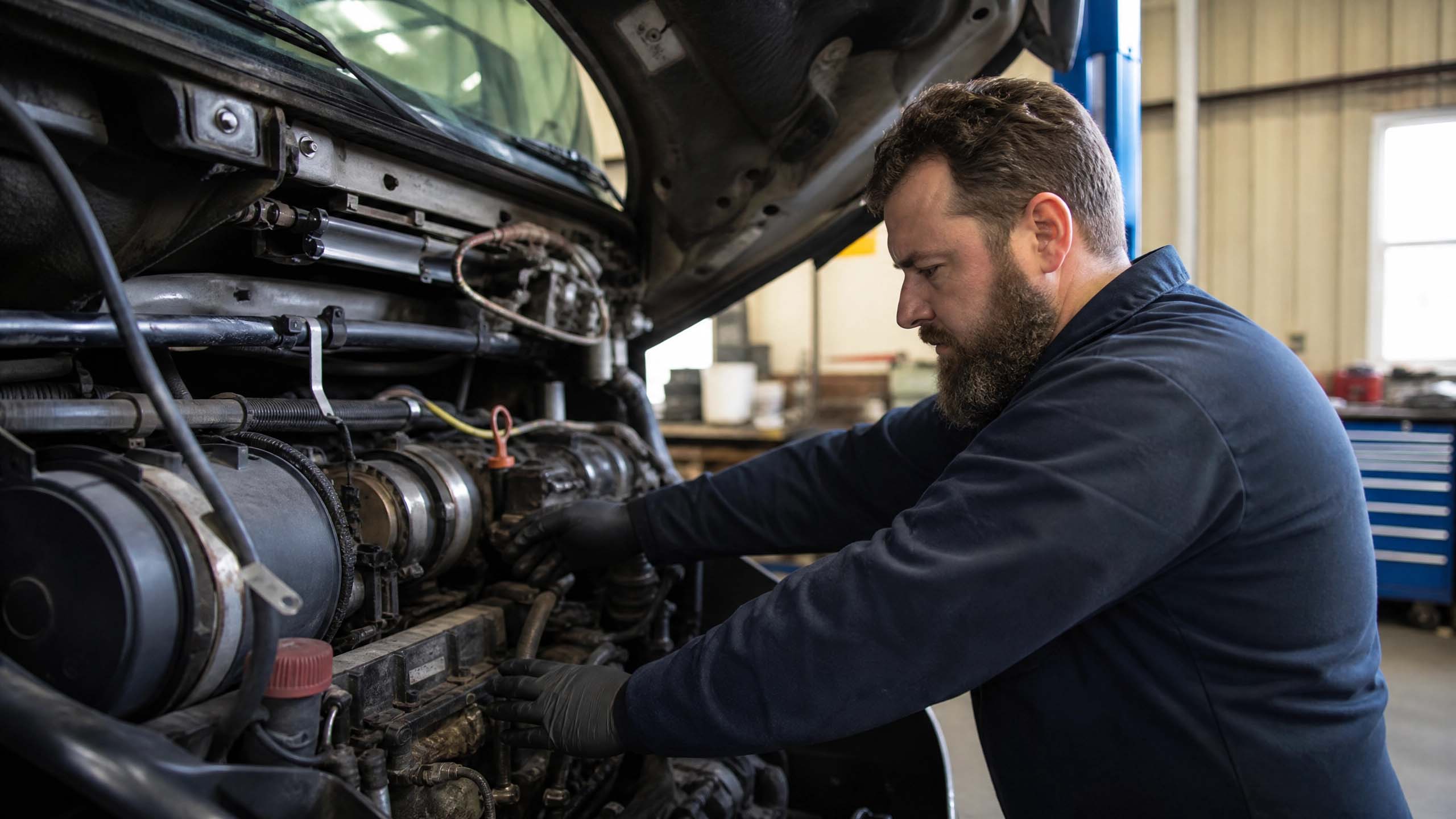Motor de caminhão Scania aberto com mecânico realizando inspeção